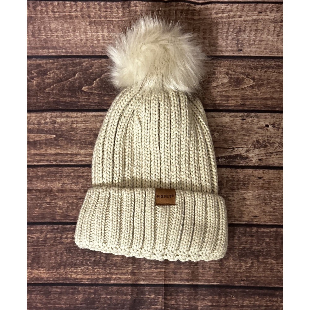 FisFet Cable Knit Pom Pom Lined Beanie Toboggan Hat One Size beige tan